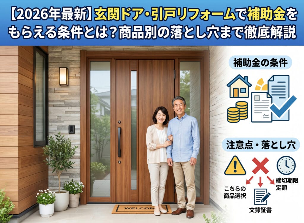 【2026年最新】玄関ドア・引戸リフォームで補助金をもらえる条件とは？商品別の落とし穴まで徹底解説